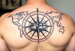 antique compass rose overlaid on weathered world map with sailing ships tattoo idea