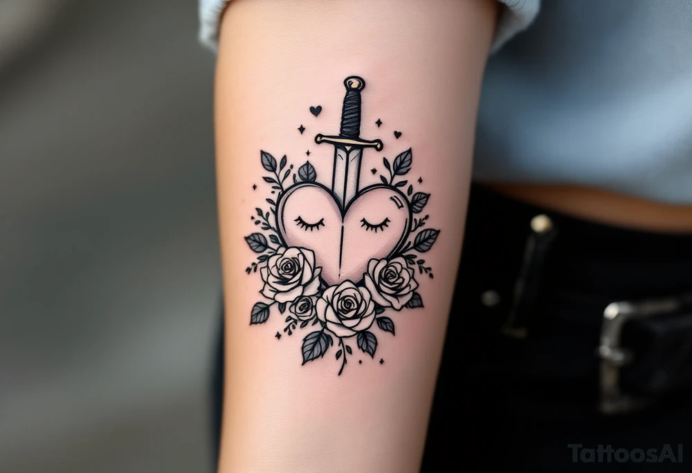 dagger piercing a heart with roses tattoo idea