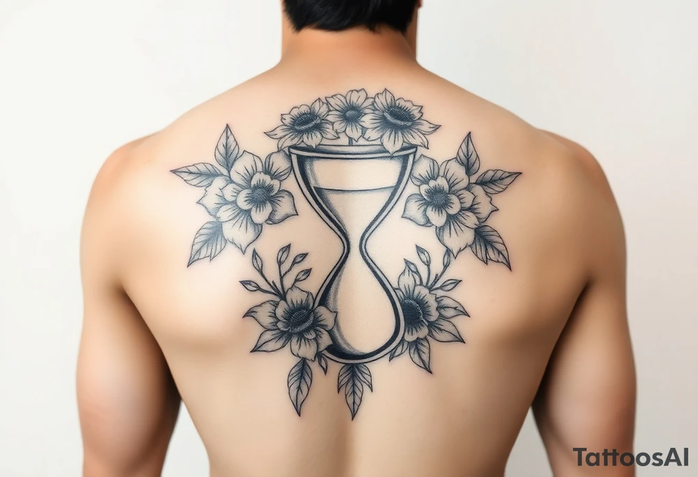 A full back tattoo with soft florals at the top. In the middle, there’s an hourglass. And below it is soft, florals, connecting to the flowers at the top. 
Include sexy lines that curve with the back tattoo idea