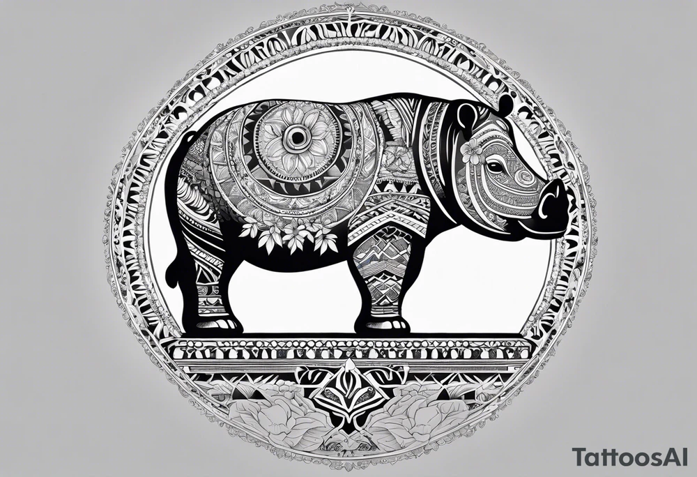 A foot long 2.5inches wide portrait orientation tattoo, containing a detailed hippo head with tribal patterns in the middle, a full moon on the upper side, and some wintersweet flowwer on the bottom side, these three components are connected with arches, lines, little geometric patterns, the lines will ne fine and narrow tattoo idea