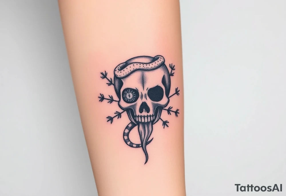 Skull with a snake going through its eyes or mouth include a clock and prickly vines tattoo idea