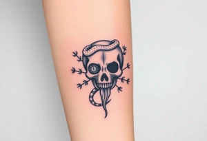 Skull with a snake going through its eyes or mouth include a clock and prickly vines tattoo idea