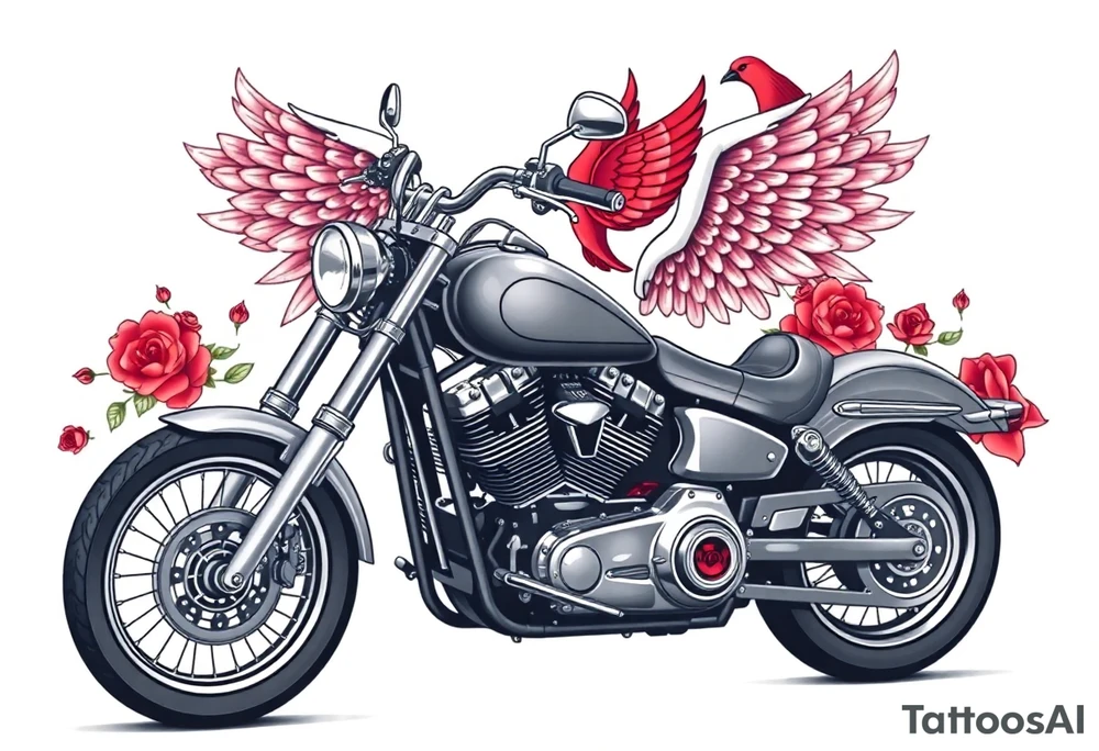 Harley grey motorcycle driving away, two red birds flying, roses, flames, angel wings tattoo idea