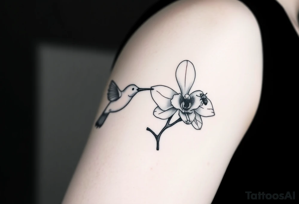 A delicate, black and white fine-line tattoo for male, featuring gracefully detailed 2 orchids in full bloom including their stems, with soft, intricate petals and elegant curves. Beside it, a hummingbird hovers mid-flight, its wings drawn with subtle motion lines, its slender beak reaching toward the orchid’s center to drink its nectar. on the other flower there is a bee that is resting tattoo idea
