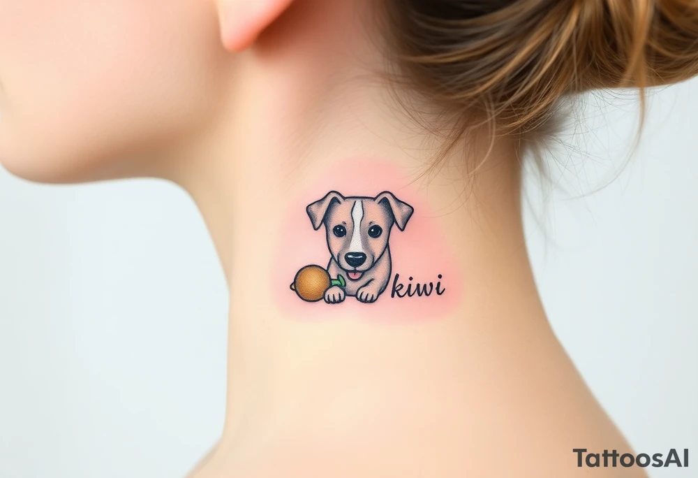 One line tattoo of female dog with white strip going up dog’s snout slightly off centered. With  toy and the dogs tongue slightly out and the name kiwi and an Aquarius them to it . Just the colors black  white brown and green tattoo idea