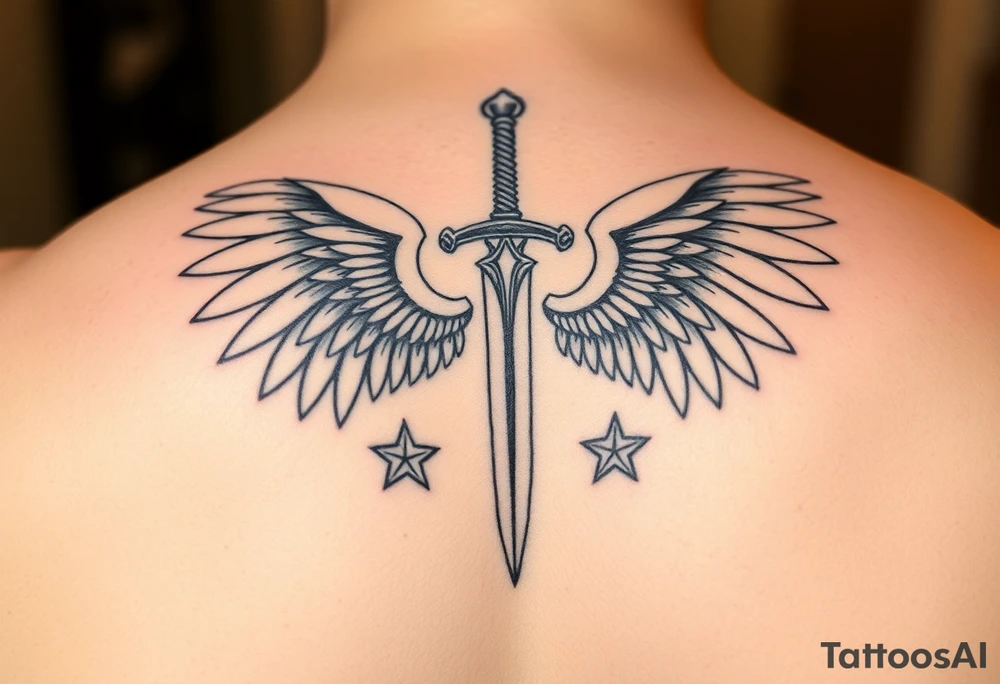 Wings wrapping up and around surrounding a sword and diamond shaped stars tattoo idea