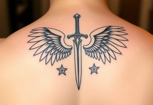 Wings wrapping up and around surrounding a sword and diamond shaped stars tattoo idea