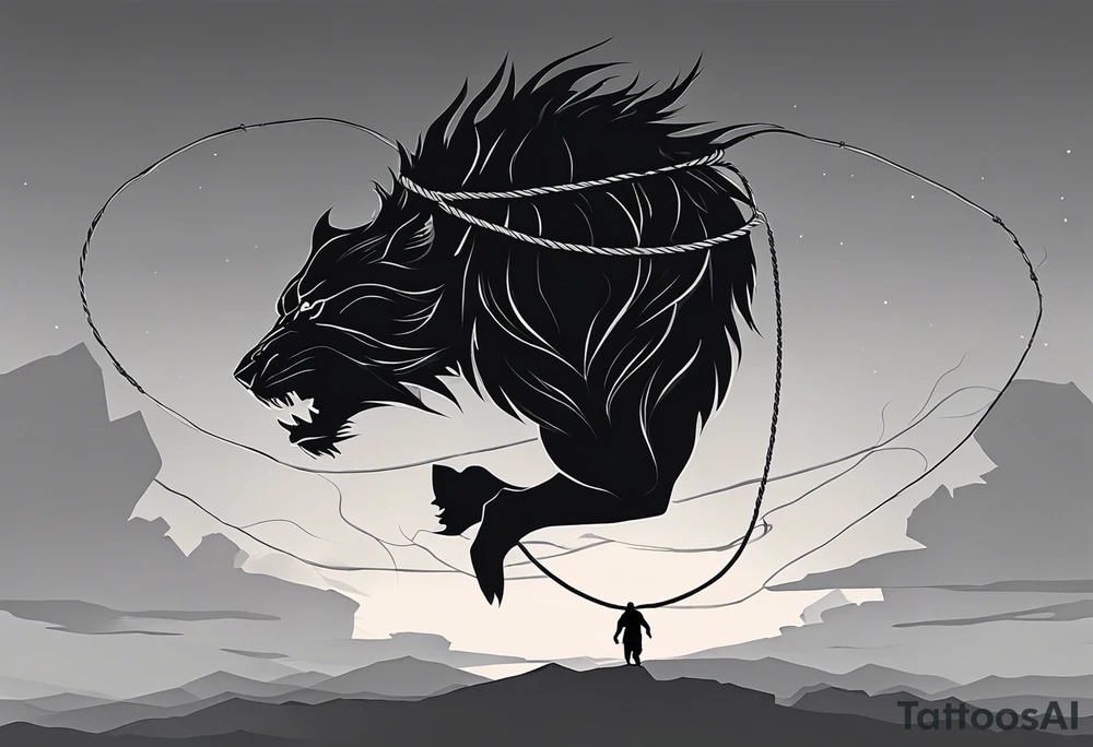 A man suspended in mid-air, held by a rope tied around his neck, the rope stemming from his own heart. The heart symbolizes his emotions and feelings, keeping him trapped within himself, unable to move forward.

On one side of him, a menacing beast represents his rage and inner fury. The beast glows with the weight of his sins and mistakes, embodying the destructive power of his darkest emotions. Its eyes burn with anger, and its claws seem ready to tear through his psyche, an embodiment of the chaos he battles within.

On the other side, a serene, angelic figure represents his good side, radiating peace and hope. This figure calls out to him, beckoning him toward redemption and a righteous path. The angel’s calm expression and open hand reflect compassion, purity, and the promise of a better future.

The design should be rendered in a stylish old-school black-and-white aesthetic, with intricate linework and shading to add depth and realism. The stark contrast between the man, the beast, and the angel will emphasize the internal conflict. A balance of bold outlines and fine details will evoke a sense of timelessness and emotional intensity, making the tattoo visually striking and deeply symbolic. tattoo idea