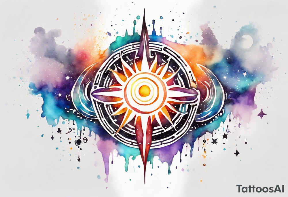 Chest, Tribal watercolor style tattoo design that depicts a radiant sun on left and moon on right, with tribal patterns, geometric swirls, watercolor style tattoo design, mesmerizing blend of vibrant watercolor splashes and cosmic elements like stars, and galaxies, dreamy and otherworldly effect, solar system,astronomy tattoo idea