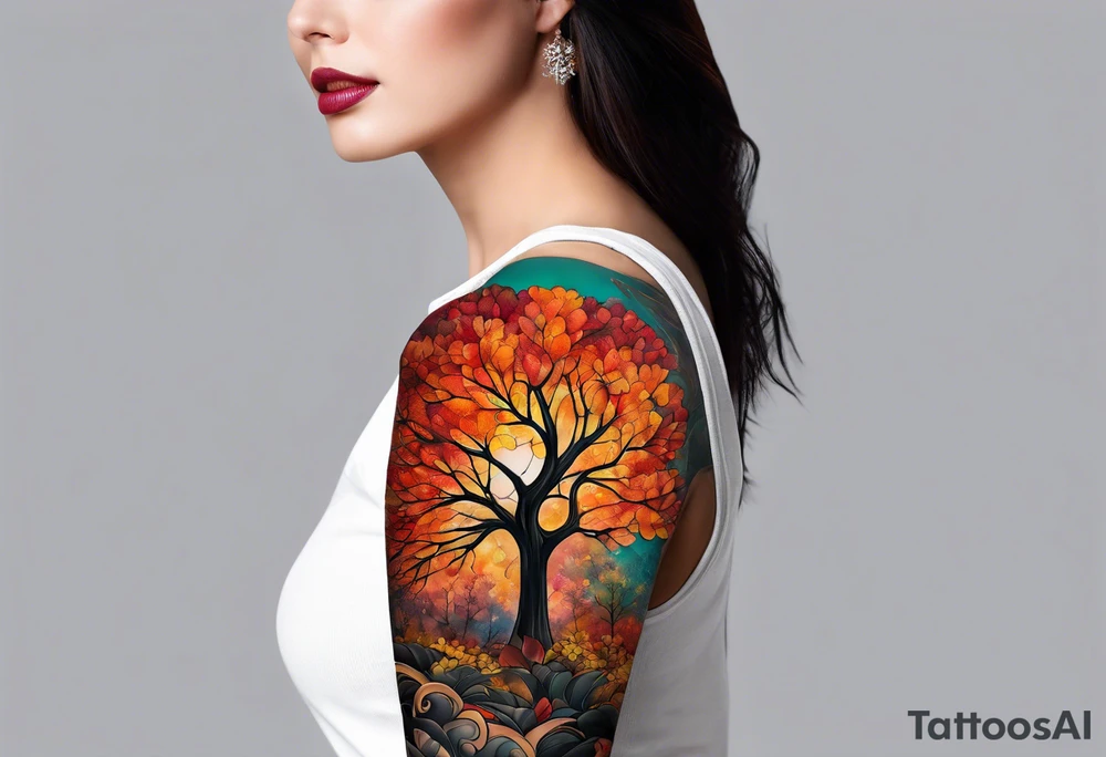 Arm Sleeve Tattoo with fall colors flat tattoo idea