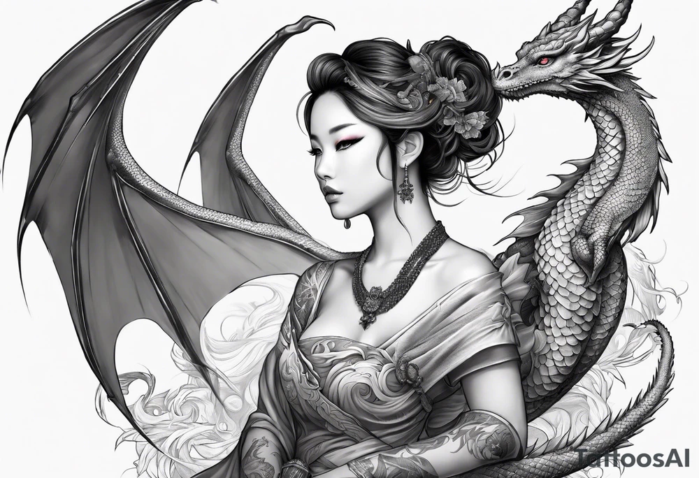 beautiful warrior nymph with dragon wings and a dragon friend tattoo idea