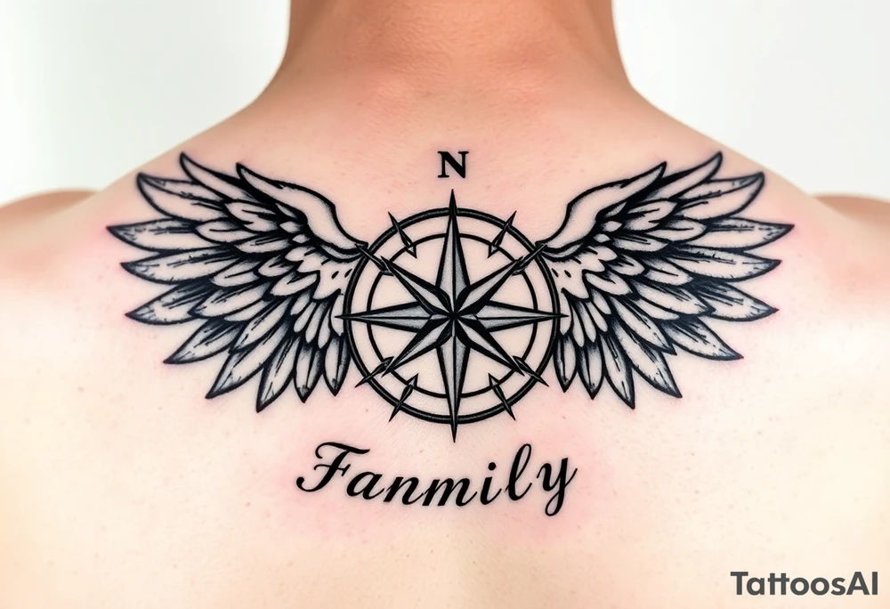 family written in norsk underneath that have the norsk compass and underneath that have the valkyrie wings supporting the compass tattoo idea