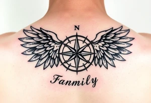 family written in norsk underneath that have the norsk compass and underneath that have the valkyrie wings supporting the compass tattoo idea