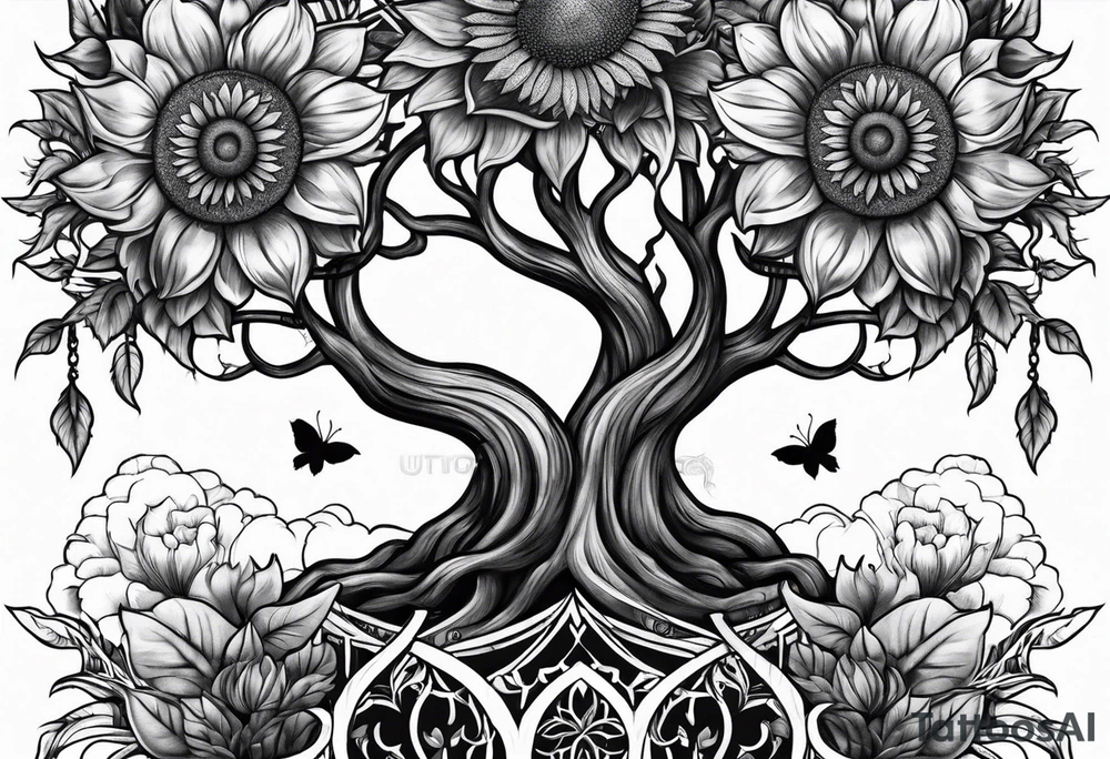 Feminine Yggdrasil tree and sunflowers tattoo idea