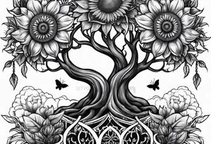 Feminine Yggdrasil tree and sunflowers tattoo idea