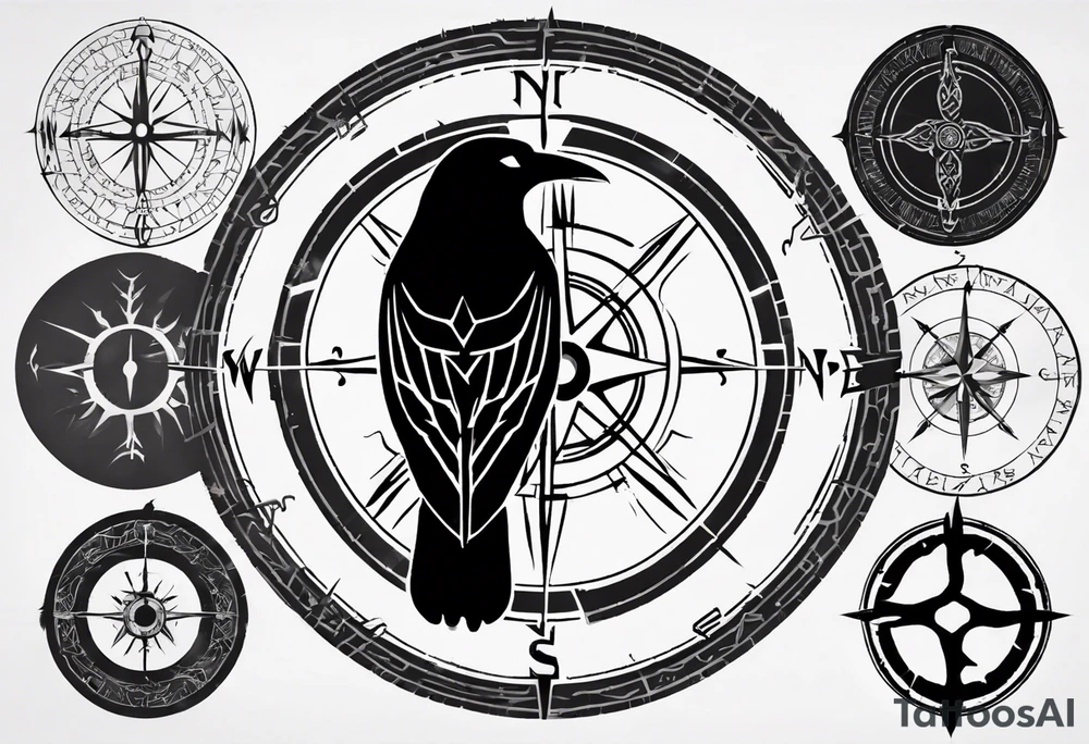 raven silhouette over a viking compass with runes tattoo idea