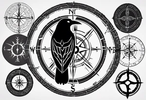 raven silhouette over a viking compass with runes tattoo idea