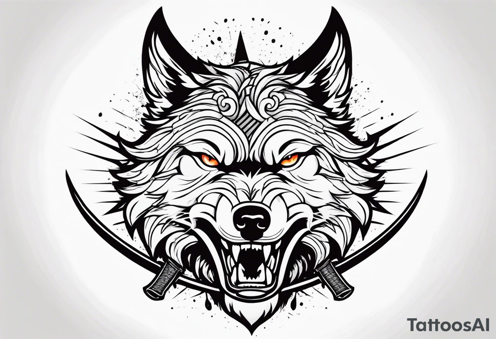 wolf head with katana in mouth tattoo idea