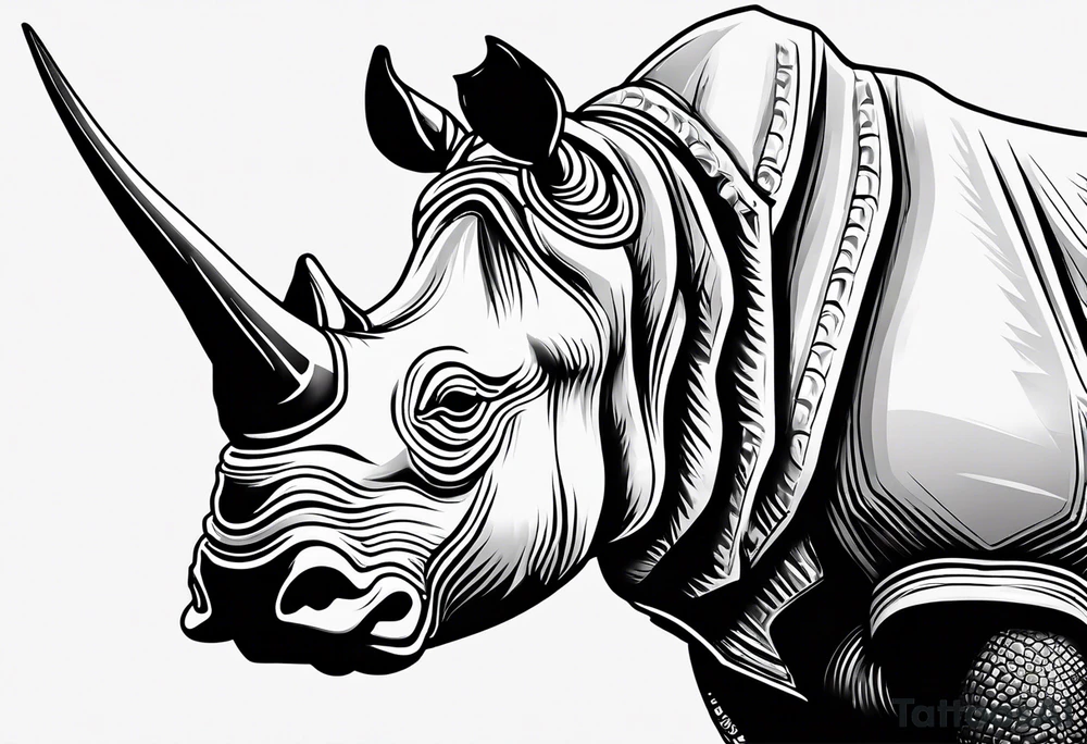 A front-facing rhino head with a sharp elongated tusk that is angry and fierce. Ears pointed straight up and forward a bit. Eyes that pierce your soul. A snarling jowel tattoo idea