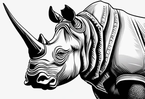 A front-facing rhino head with a sharp elongated tusk that is angry and fierce. Ears pointed straight up and forward a bit. Eyes that pierce your soul. A snarling jowel tattoo idea