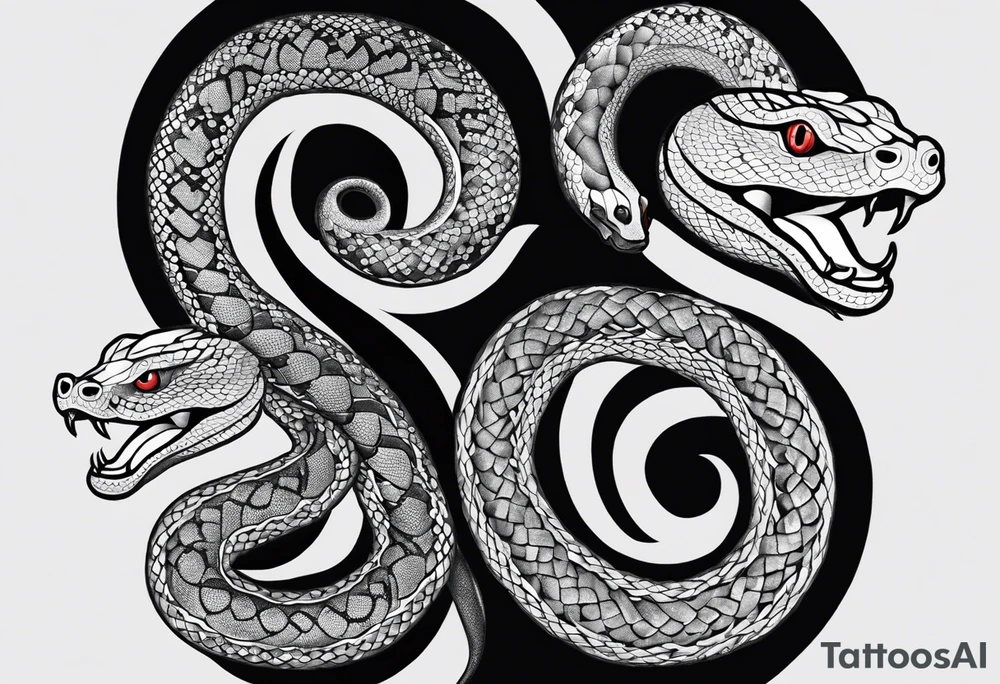 Double headed snake tattoo for placement along the spine in japanese style where the head is positioned at the bottom end of my spine to symbolise a journey of healing and transformation with small reference to ying yang tattoo idea