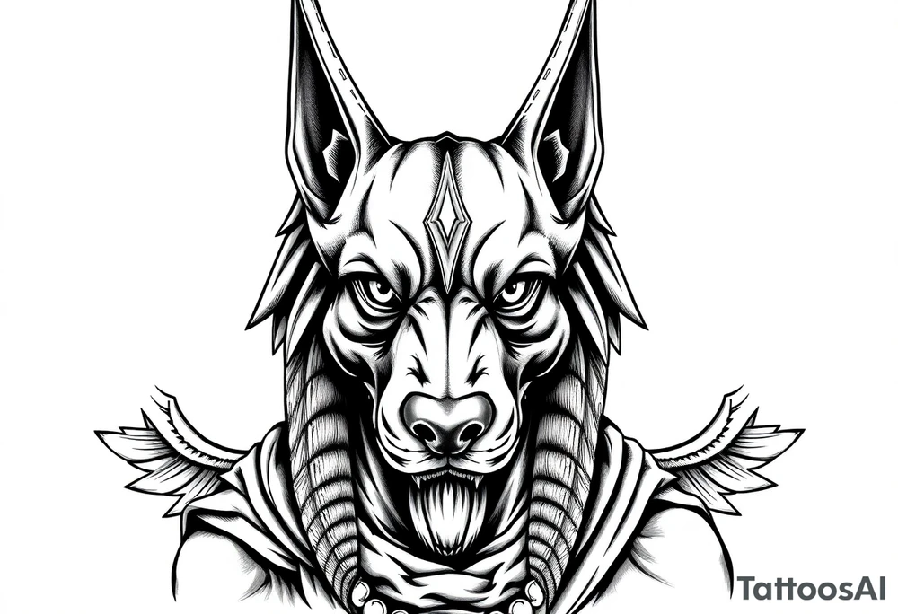 Egyptian Anubis god powerful face muscle in Egypt style with mantle on head dog face long ears tattoo idea
