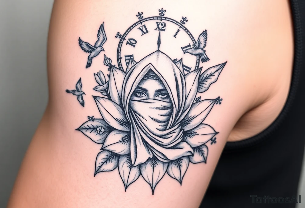 Lotus flower that breaks into flying birds and a clock in background with an arab woman with scarf covering her face tattoo idea