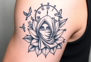 Lotus flower that breaks into flying birds and a clock in background with an arab woman with scarf covering her face tattoo idea