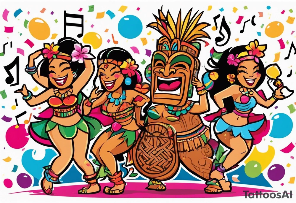 tiki party with dancing tiki guys and sexy tiki girls with music notes and confetti tattoo idea