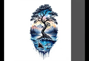 tattoo that has an acacia tree with forest mountains, ocean with a ship wreck with sharks and the bright northern star tattoo idea