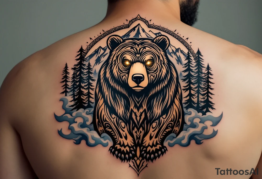 A powerful, majestic bear tattoo with a deep black and brown color palette. The bear is depicted in a standing position, symbolizing strength and protection, with intricate tribal patterns subtly etched along its body, representing its spiritual connection to the earth. The bear’s eyes glow soft golden to represent wisdom and insight. Around the bear, mountain peaks and pine trees form a natural, serene backdrop, while delicate blue mist rises from the ground, tattoo idea