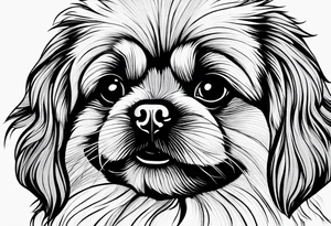 The most minimalist drawing of a pekingese with shih tzu dog's face. He has big eyes and a crooked smile. Do it like Picasso tattoo idea
