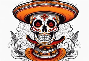 Mexican skull with sombrero with smoke coming out of the bottom orange and red tattoo idea