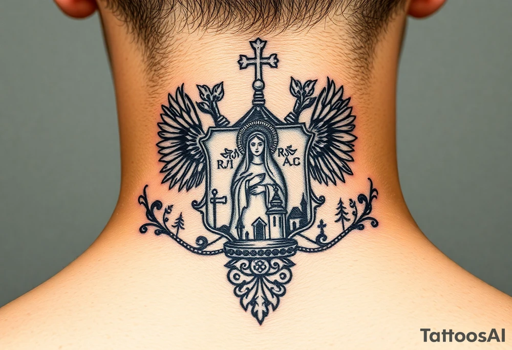Traditional authentic Russian coat of arms with a Christian orthodox virgin marry in the middle and silhouette in a Russian wilderness Christian orthodoxy dome church village setting tattoo idea