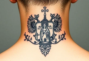 Traditional authentic Russian coat of arms with a Christian orthodox virgin marry in the middle and silhouette in a Russian wilderness Christian orthodoxy dome church village setting tattoo idea