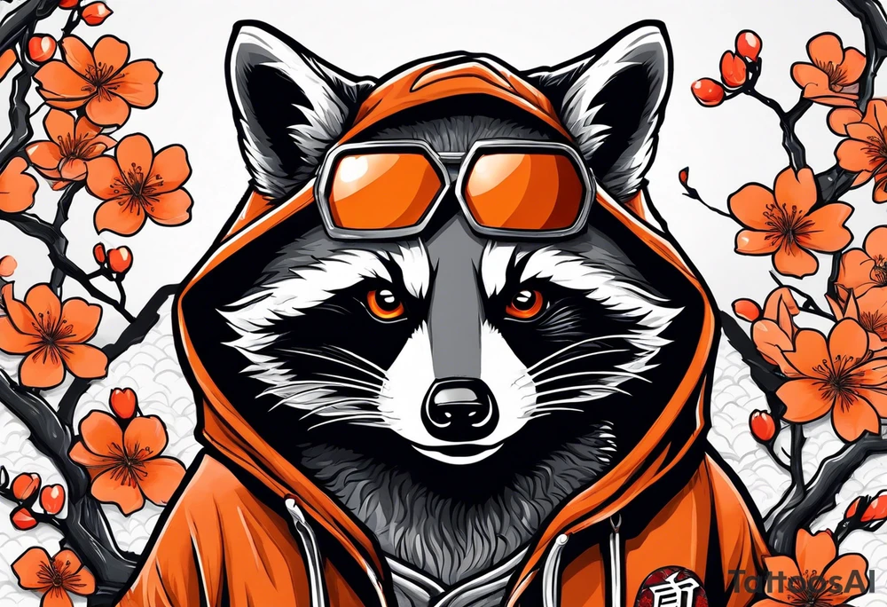 Raccoon wearing a white Superman logo on a black hoodie and orange Japanese cherry blossoms beside tattoo idea