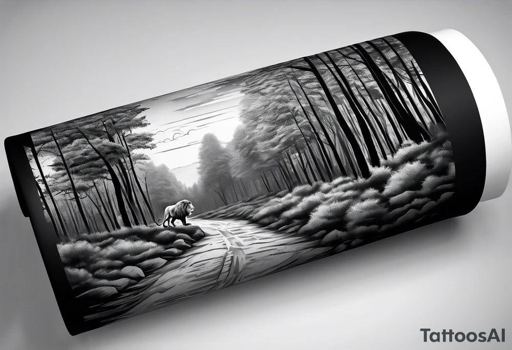 black and gray forearm sleeve tattoo where a lion is looking back as it is entering a forest tattoo idea