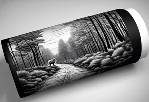 black and gray forearm sleeve tattoo where a lion is looking back as it is entering a forest tattoo idea