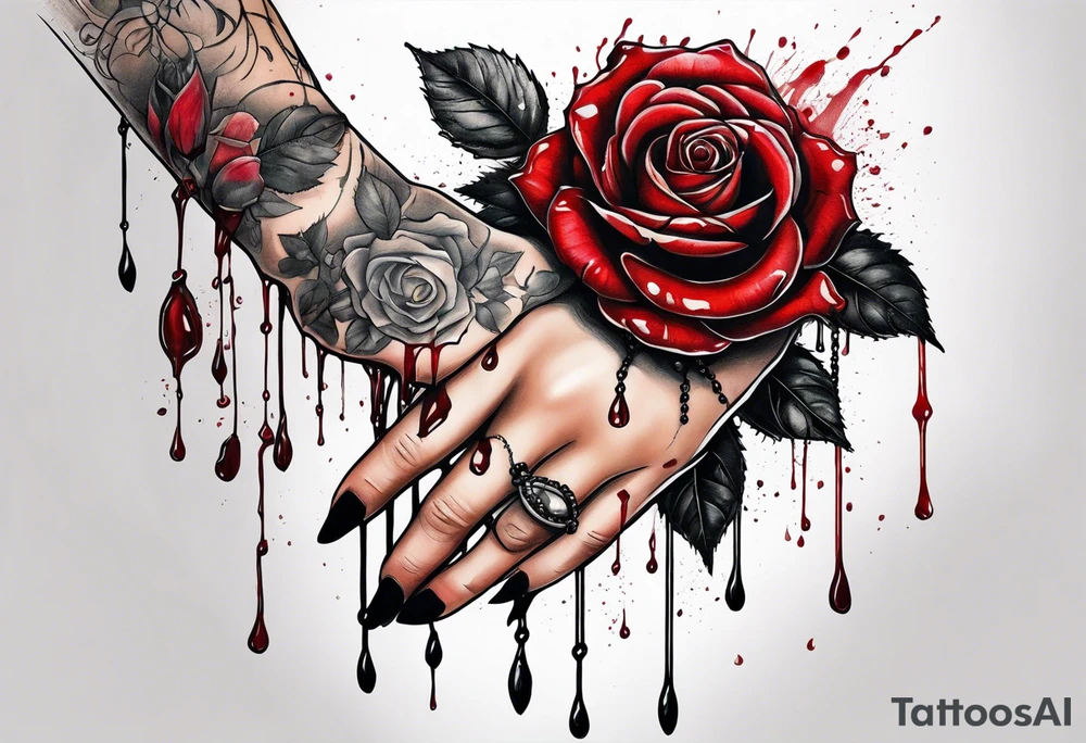 Feminine hand holding a rose with blood dripping down the hand from the thorns with 3 hanging rosary beads. tattoo idea