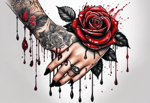 Feminine hand holding a rose with blood dripping down the hand from the thorns with 3 hanging rosary beads. tattoo idea