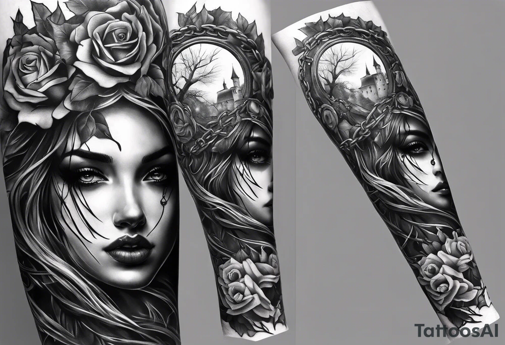 tattoo fool sleeve, tree roots break out of the chains, broken mask, girl, roses, medieval, dark castle tattoo idea