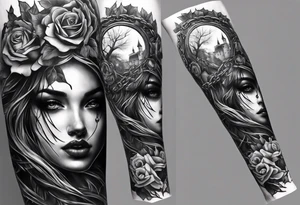 tattoo fool sleeve, tree roots break out of the chains, broken mask, girl, roses, medieval, dark castle tattoo idea