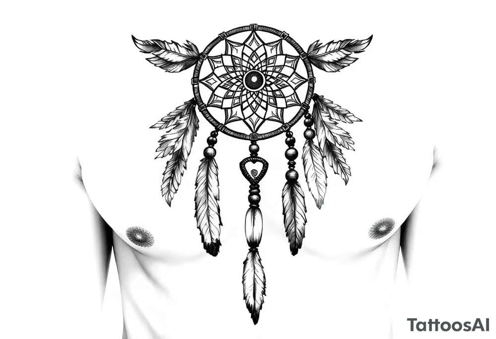 native dreamcatcher with flowing feathers and sacred beads tattoo idea