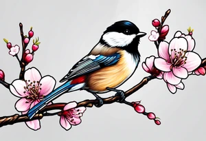 Chickadee on cherry blossom branch tattoo idea