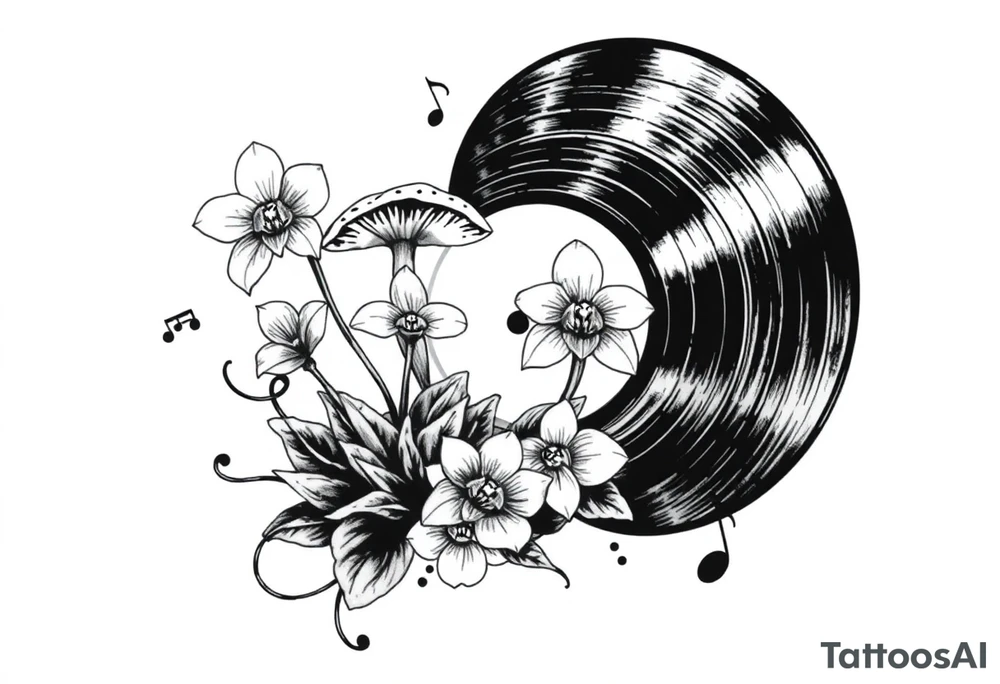 one black and white vinyl record with mushrooms, two orchids, and music notes around it tattoo idea