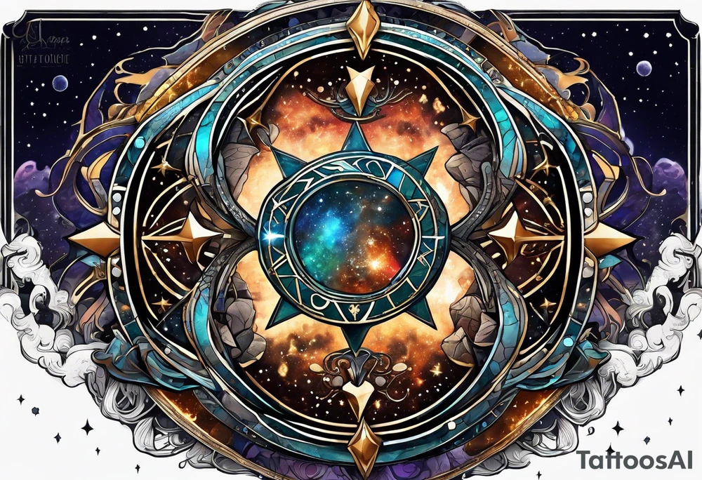 Matter, energy, space and time with an old stone theta symbol with stars in the background and Scorpio constellation tattoo idea