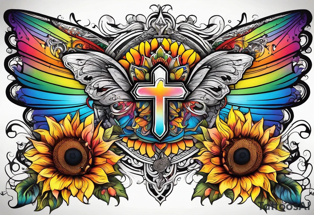 arm sleeve with winged cross, rainbow sunflowers and butterflies tattoo idea