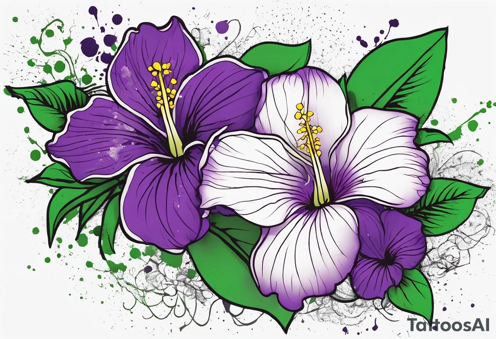 An outline of a rio dipladenia flower with a splatter green and purple background tattoo idea