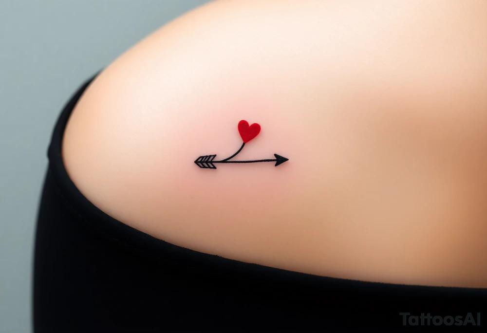 A thin, black arrow with a delicate heart-shaped arrowhead, symbolizing love’s direct path. The fletching is styled with soft curves, giving it an elegant yet simple look. A tiny red heart floats just above the tip, as if the arrow is guiding love to its destined place. The design is sleek, modern, and perfect for a subtle romantic statement. tattoo idea
