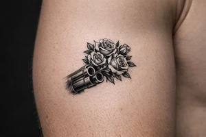 A bouquet of roses bursting from the barrel of a shotgun. tattoo idea